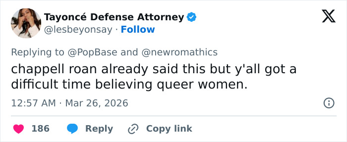 Tweet from Tayoncé Defense Attorney addressing disbelief in queer women amid Chappell Roan controversy involving security guard and Jude Law’s daughter.