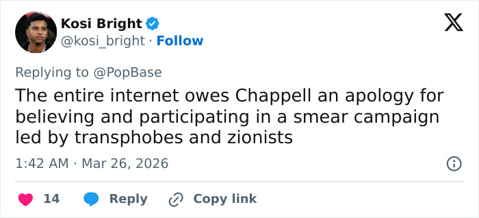 Twitter post by Kosi Bright discussing a security guard involved in Chappell Roan and Jude Law's daughter incident.