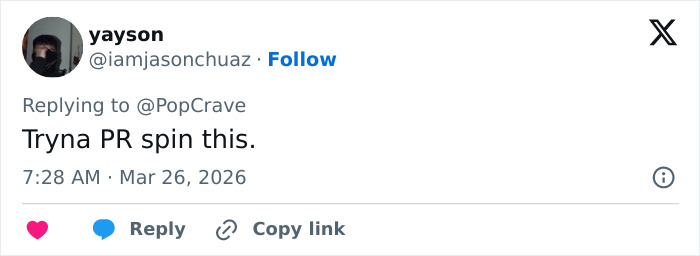 User yayson replying to @PopCrave on social media, commenting on PR spin regarding security guard and Chappell Roan incident.