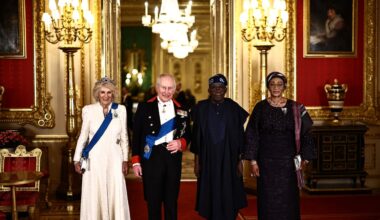 Queen Camilla is resplendent in the Belgian Sapphire Tiara as she joins King Charles at the Nigerian state banquet