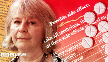 An image combining medical-themed graphics with a photo of a woman. The background features overlapping sheets of printed text about medication, including headings such as “Possible side effects” and lists of frequency categories. On the right side, several white round tablets are arranged against a red background. The person in the foreground is shown from the shoulders up, wearing a striped shirt and a chain necklace, with light-colored hair. The overall composition has a collage-like style highlighting medication information and pills.
