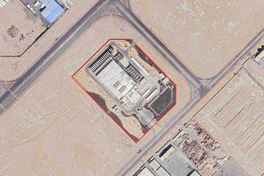 A satellite image of a data centre in a desert-like area