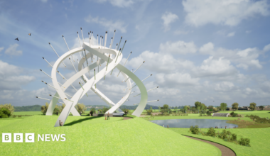 An artists impression of a large steel winding sculpture with long spikes sticking out at at angles, showing people standing at the base. Landscaped gardens and a lochan can be seen the background
