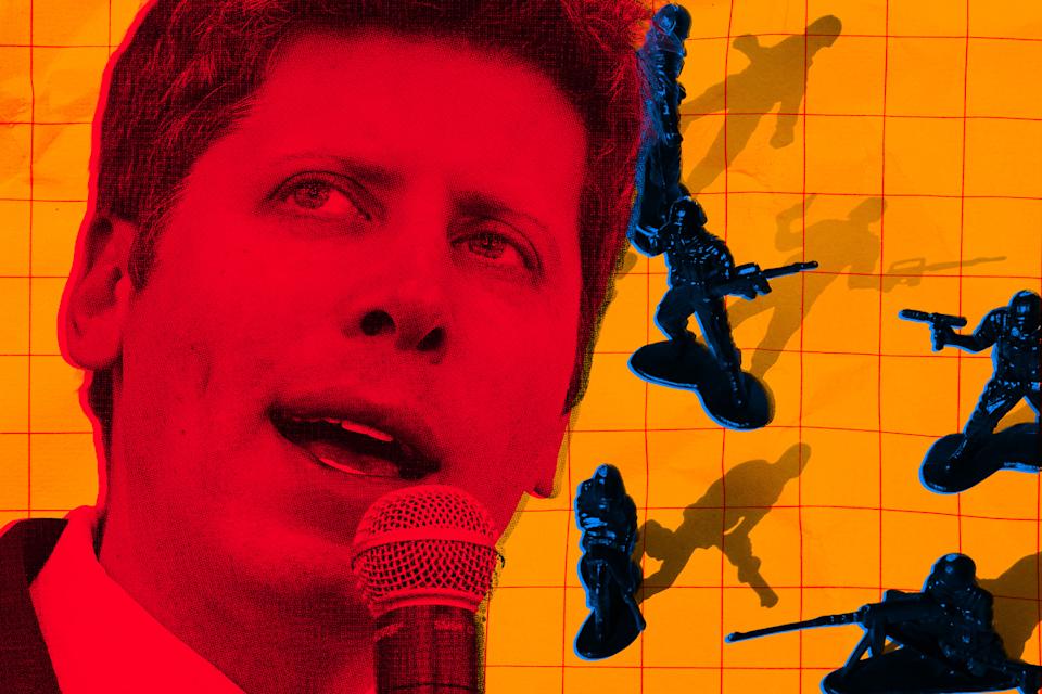 A close-up of Sam Altman's face in red tones, speaking into a microphone. The background is orange with a grid pattern, featuring several small black toy soldiers casting shadows. The image has a stylized, high-contrast, and graphic design appearance.