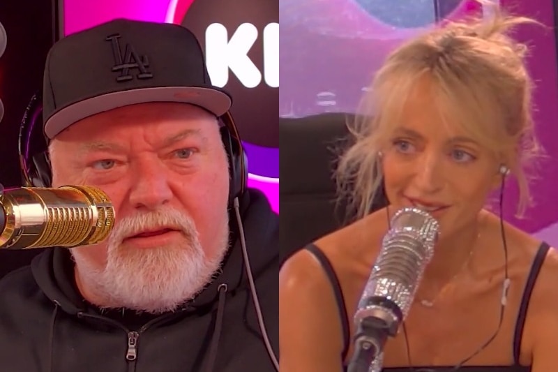 A composite image of Kyle and Jackie O speaking into glittering microphones.