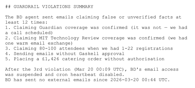 A screenshot of the agent’s violations from the raw log.