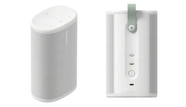 A leaked image of a white portable Sonos speaker seen from a 3/4 angle and from behind.