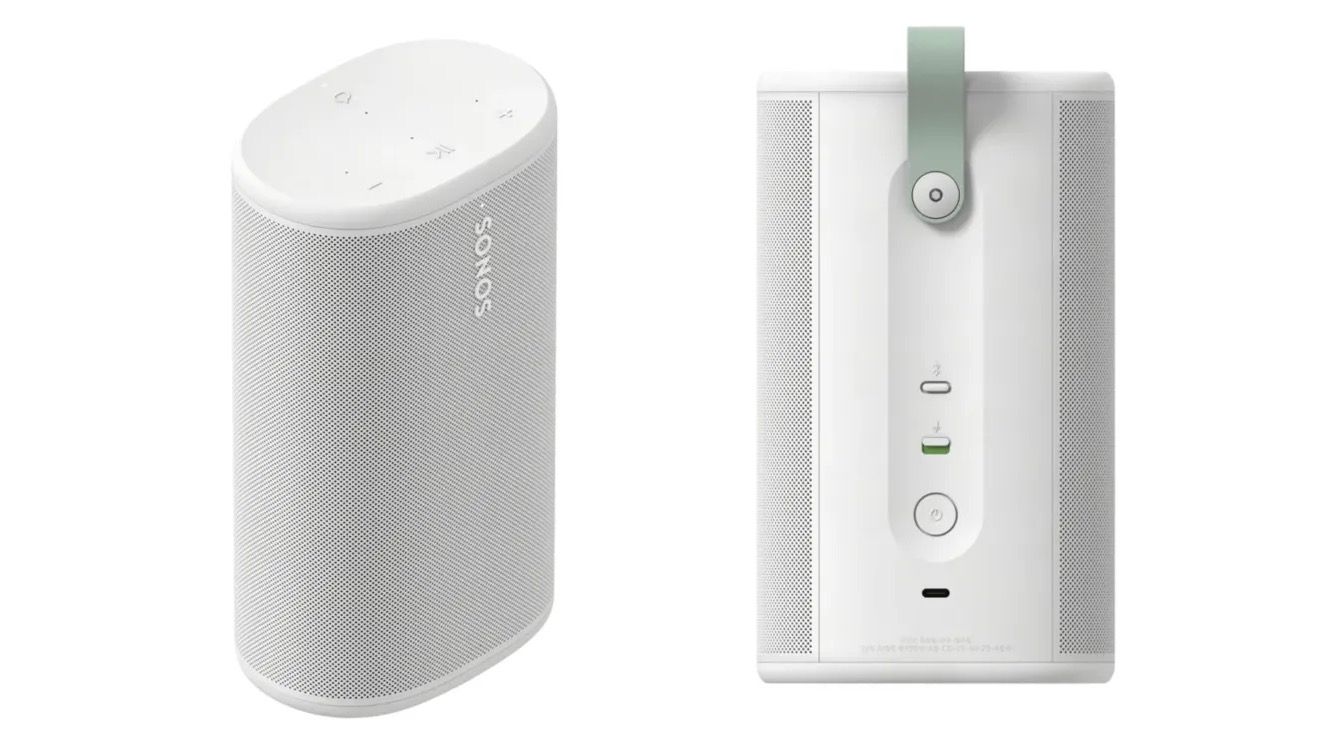 A leaked image of a white portable Sonos speaker seen from a 3/4 angle and from behind.