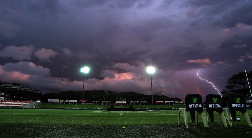 A freak storm hit 4 Pines Park on Thursday evening and threatened to delay kick-off.