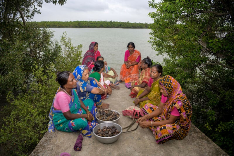 A group of women in colorful saris sit together outdoors near a river, surrounded by trees, with bowls of shellfish in front of them, talking and working.