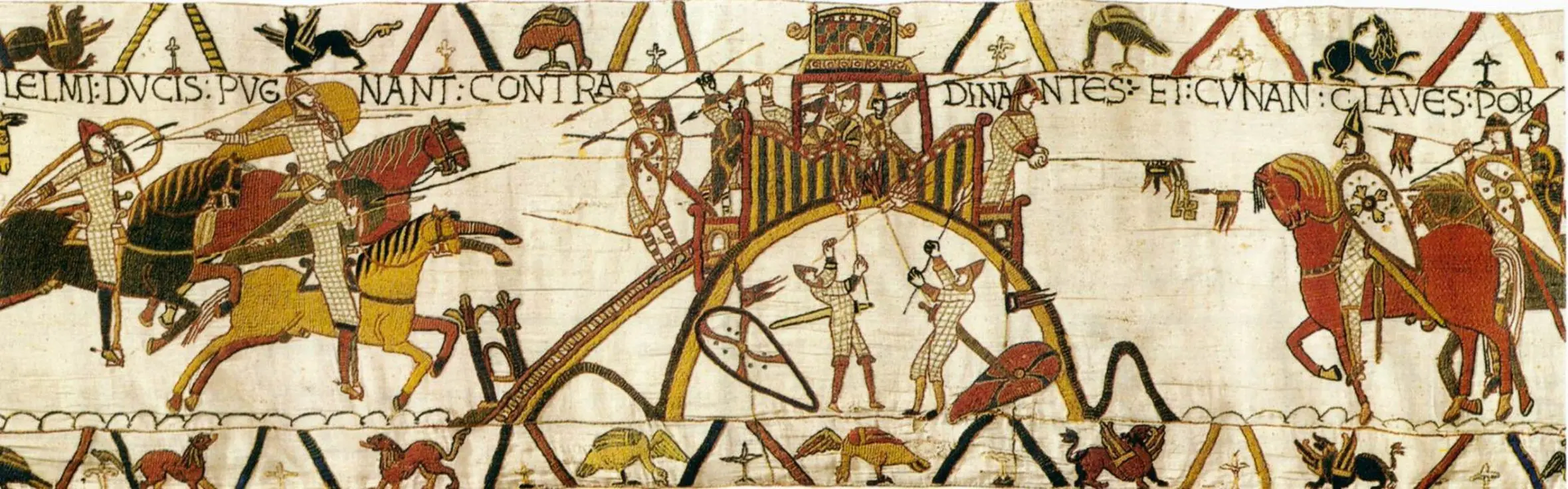 Illustration of a detailed section of the Bayeux Tapestry showing soldiers on horseback, on foot, and in a siege tower during battle, with Latin text above.