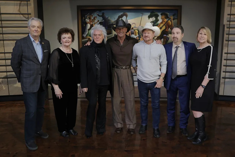 Museum CEO Kyle Young, Jeanie Stanley (representing The Stanley Brothers), Country Music Hall of Fame member, Marty Stuart, Inductees, Tim McGraw and Paul Overstreet, Ralph Stanley II (representing The Stanley Brothers) and CEO of the Country Music Association Sarah Trahern attend at the Country Music Hall of Fame Inductee Press Conference at Country Music Hall of Fame and Museum on March 20, 2026 in NashvilleCredit: Tibrina Hobson/Getty