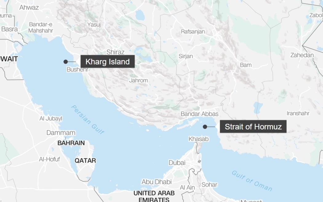 Kharg Island and the Strait of Hormuz.