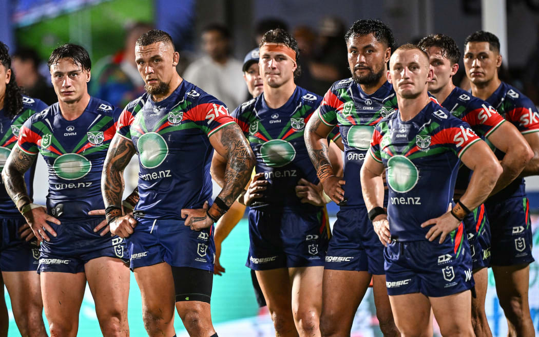 Dejected NZ Warriors players, NZ Warriors v Wests Tigers, round 4 of the NRL Telstra Premiership rugby league match at Go Media Stadium.
