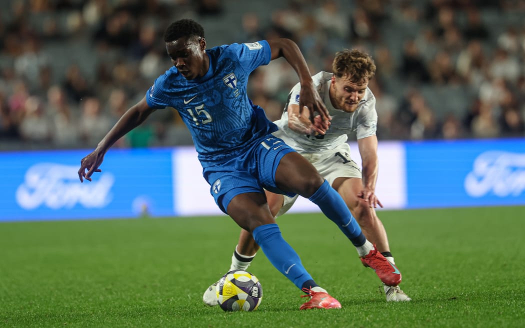 Finland's Ryan Mahuta and All Whites Ben Old.