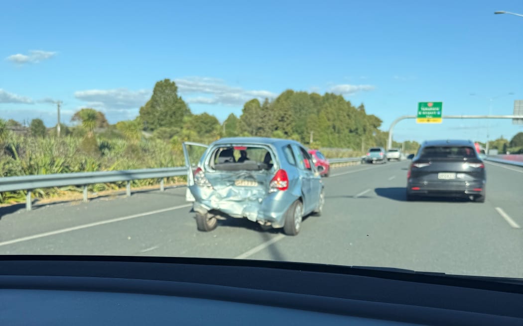 A car was rear-ended on the Waikato Expressway at the Tamahere/Airport offramp last Tuesday. Photo / Supplied