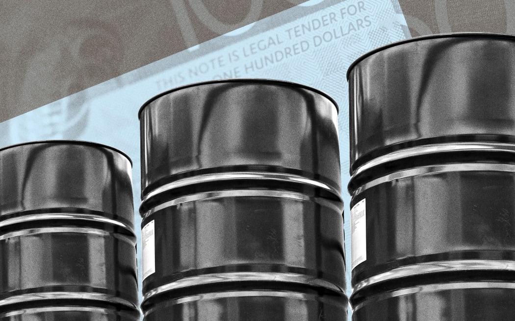 Composite of oil drums and money.