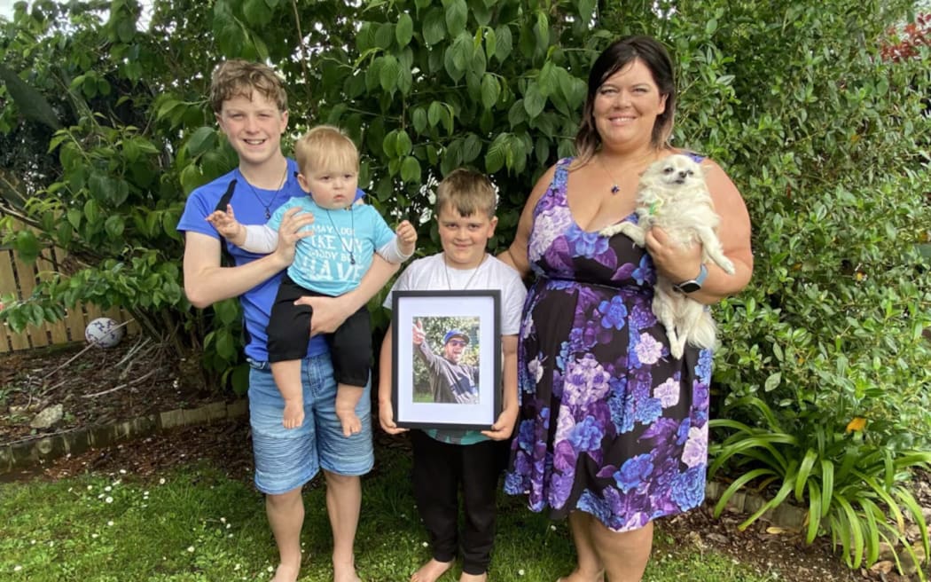 The family of murdered Taranaki farm worker Jacob Ramsay (from left): Lucus Boyd, Olliver Ramsay, Hunter Tasker-Ramsay, Sarah Tasker and Munta the dog. Photo / Tara Shaskey