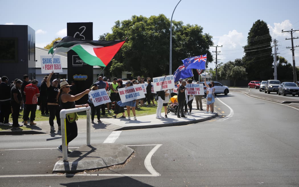 Protests outside Winston Peters' State of the Nation speech in Tauranga - 22 March 2026