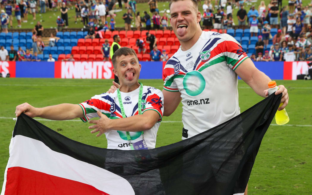 Mark Dekker and Jackson Ford post-game. Newcastle Knights v One NZ Warriors. NRL Rugby League, McDonald Jones Stadium.