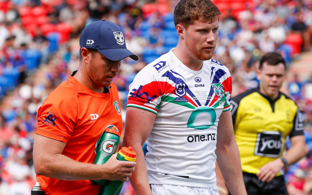 Morgan Gannon leaves the field for HIA.. Newcastle Knights v One NZ Warriors. NRL Rugby League, McDonald Jones Stadium.