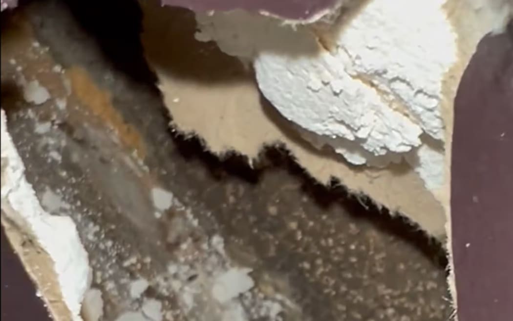 A screenshot of a video taken by the tenants, and submitted to the tribunal, of the inside of the wall between the bathroom and bedroom.