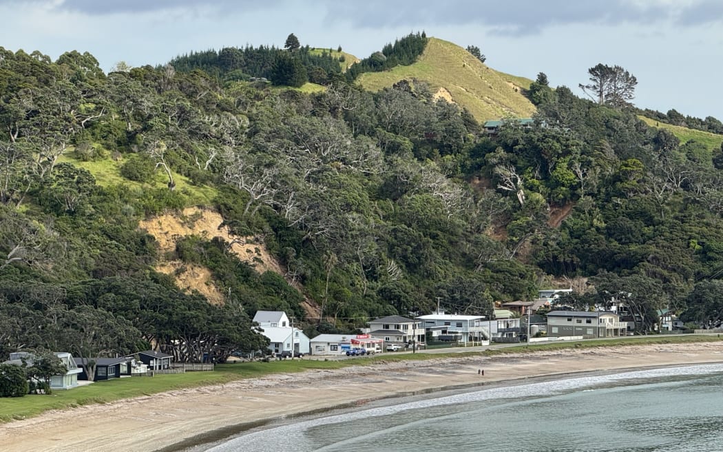 The landslide that hit Ōakura’s community hall, public toilets, business and homes can be seen in this photo of the coastal settlement.