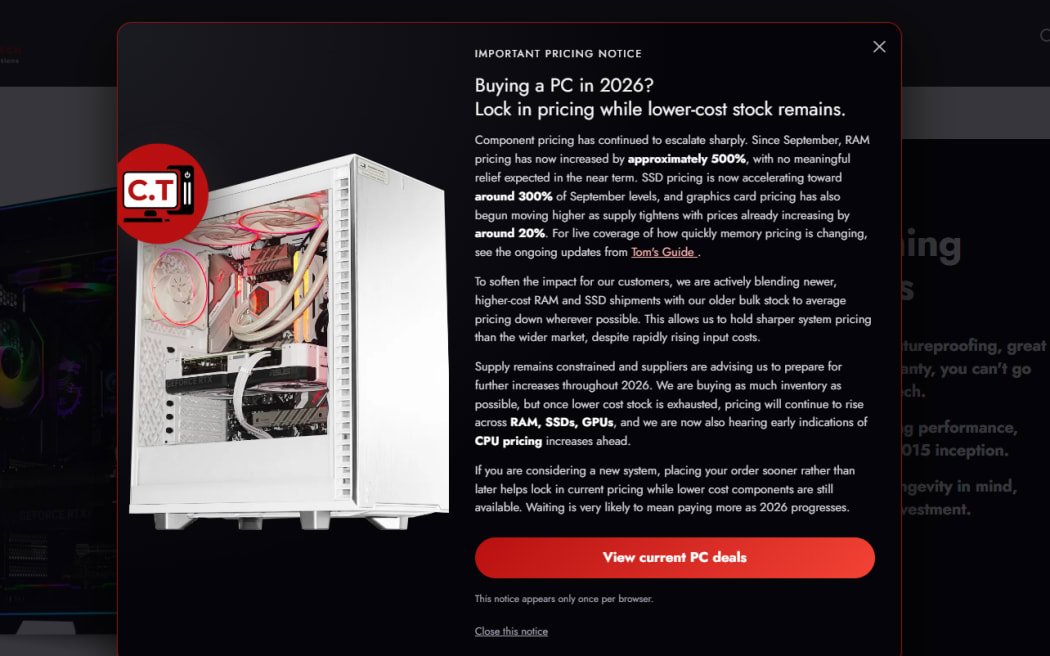 A screenshot of a pricing notice.