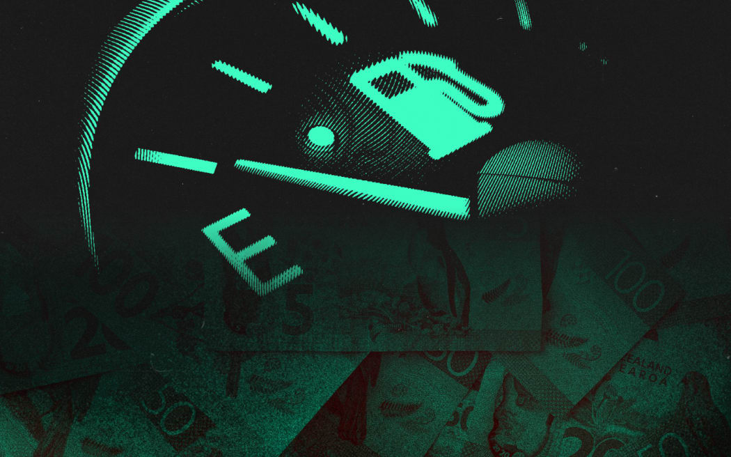 Graphic of empty gas tank with New Zealand currency in the background