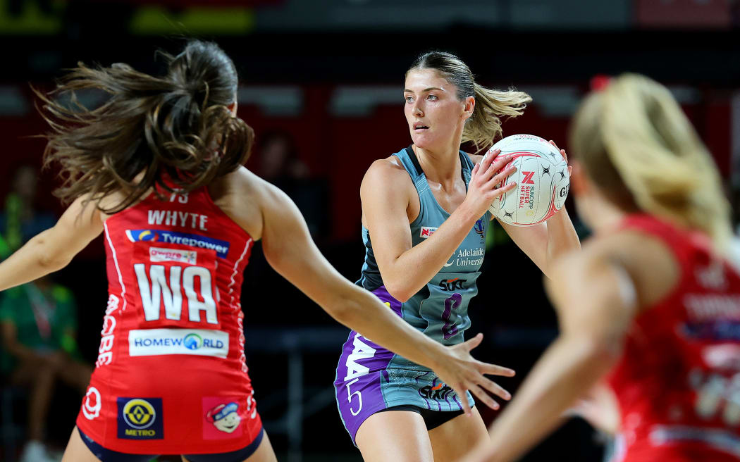 ADELAIDE, AUSTRALIA - MARCH 14: Kate Heffernan of the Thunderbirds during the round one Super Netball match between Adelaide Thunderbirds and NSW Swifts at Adelaide Entertainment Centre, on March 14, 2026, in Adelaide, Australia. (Photo by Sarah Reed/Getty Images)