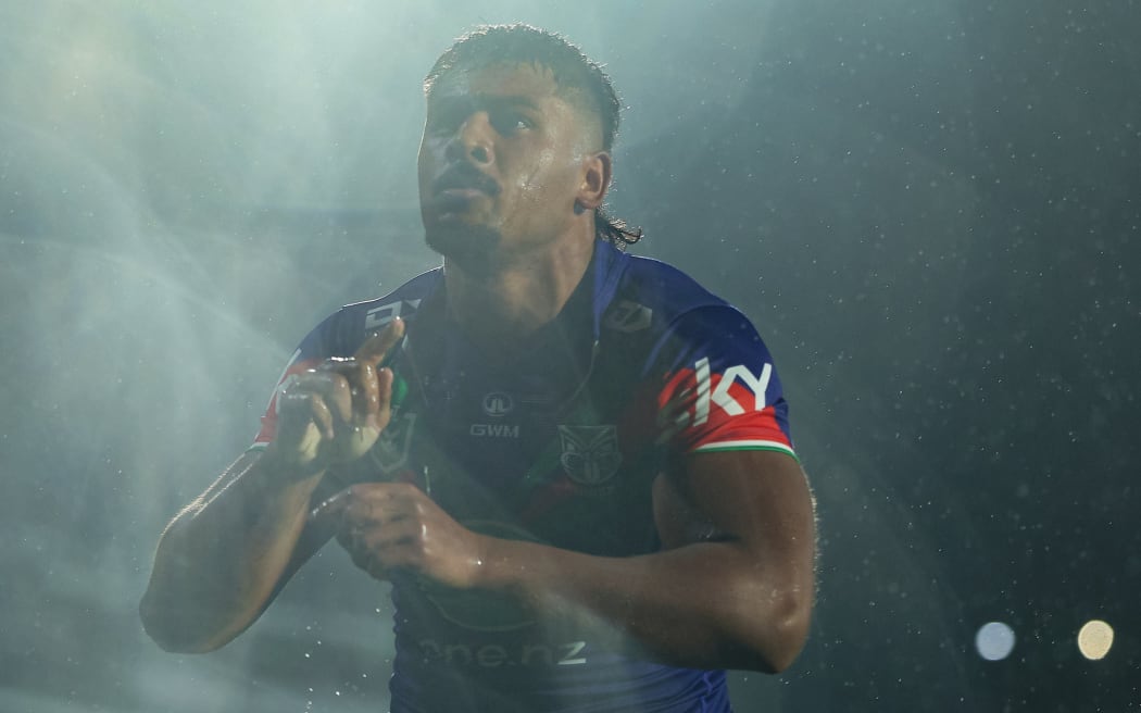 Warriors Ali Leiataua celebrates after scoring a try during Warriors vs Raiders, Round 2 NRL Telstra Premiership Rugby League Match at Go Media Stadium.