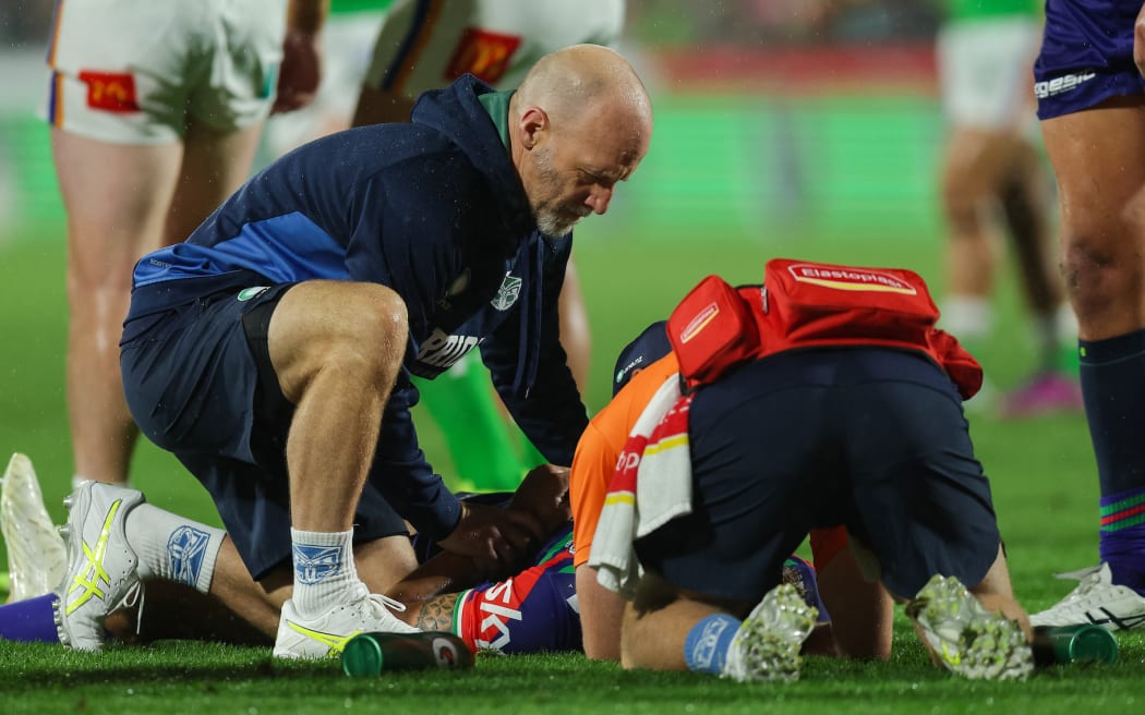 Warriors Chanel Harris-Tavita goes off the field injured during Warriors vs Raiders, Round 2 NRL Telstra Premiership Rugby League Match at Go Media Stadium.