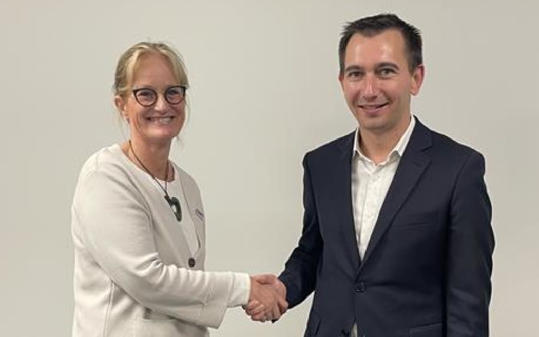 Professor Judith Trotman and Health Minister Simeon Brown.