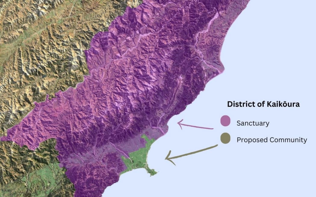 A map showing the boundary of the Kaikōura international dark sky sanctuary and the proposed Kaikōura dark sky community.