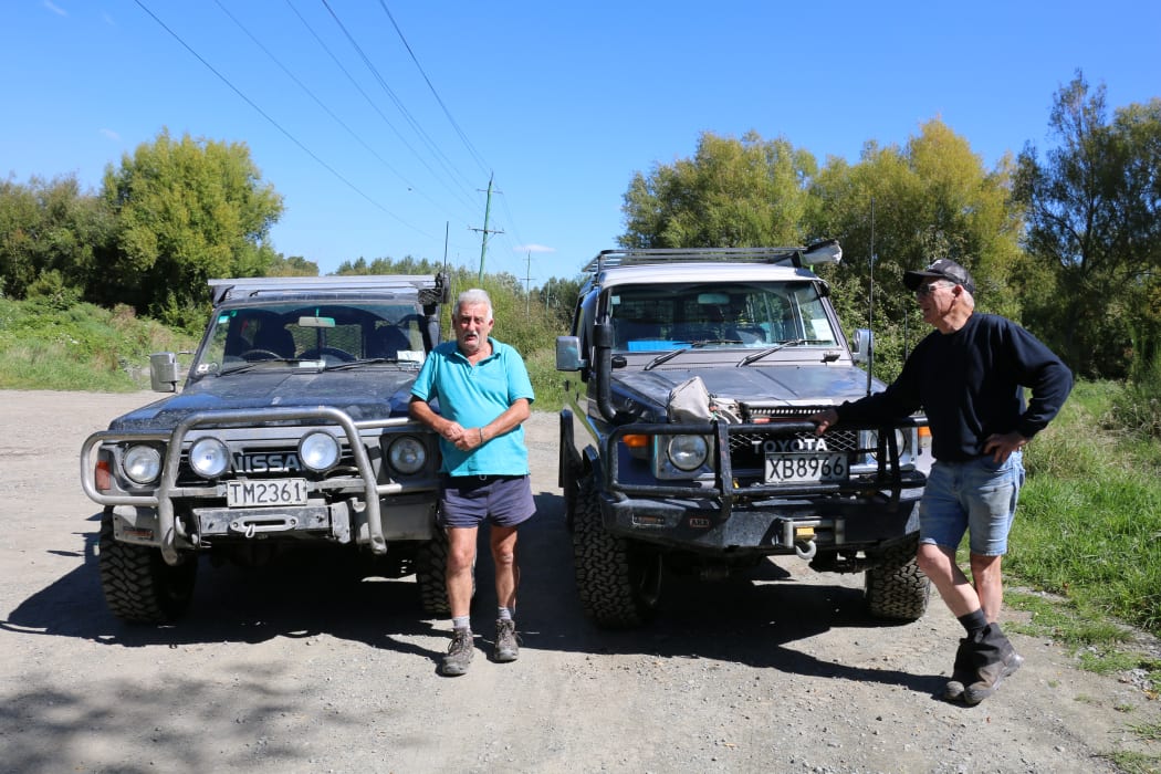 Ashburton 4WD club members Ray Cossar (left) and Alastair Stewart with their rides: a 1988 Nissan Safari Granroad and 1989 Toyota Landcruiser.