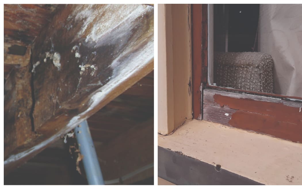 Two images, one show rot in beans the other exposed wood and peeling paint on window frames