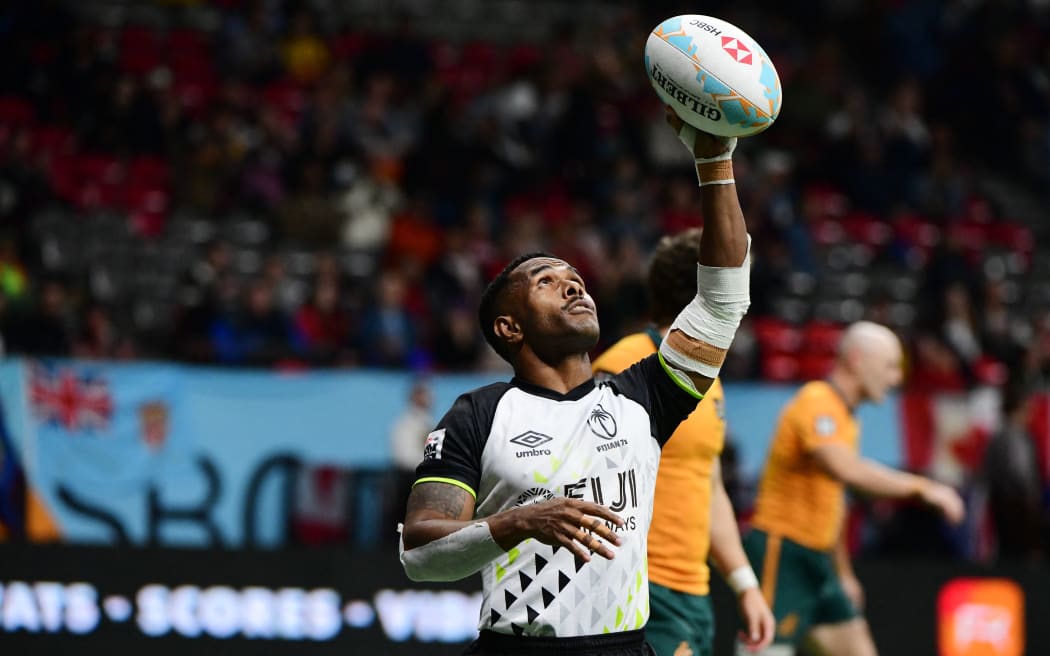 Fuji’s Terio Veilawa gestures after scoring a try against Australia during the HSBC Canada Rugby Sevens tournament in Vancouver, Canada, on March 7, 2026. (Photo by Don MacKinnon / AFP)