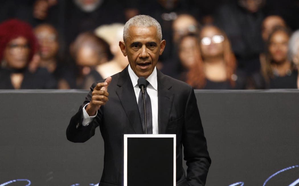Former US president Barack Obama speaks at a public memorial service to celebrate the life of civil rights activist Reverend Jesse Jackson in Chicago, Illinois, on March 6, 2026. Veteran US civil rights activist Reverend Jesse Jackson, one of the nation's most influential Black voices, died peacefully on February 17, 2026 at the age of 84. Jackson, a Baptist minister, had been a civil rights leader since the 1960s, when he marched with Martin Luther King Jr. and helped fundraise for the cause. (Photo by Kamil Krzaczynski / AFP)
