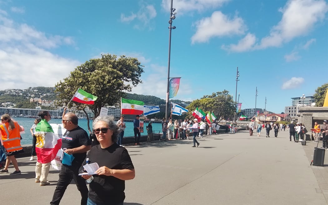 Protest by Iranians in Wellington and their supporters, to show support for those in Iran living under repression. Near Frank Kitts Park, on Saturday 7 March, 2026.