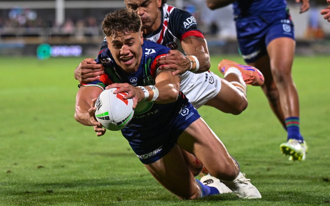 Chanel Harris-Tavita of the Warriors dives for the try line, NZ Warriors v Sydney Roosters, round 1 NRL Telstra Premiership rugby league match at Go Media Stadium, Auckland.