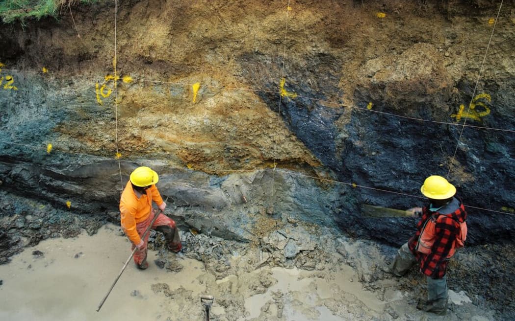 File footage, ESNZ – a diagonal fault offset exposed in a trench.