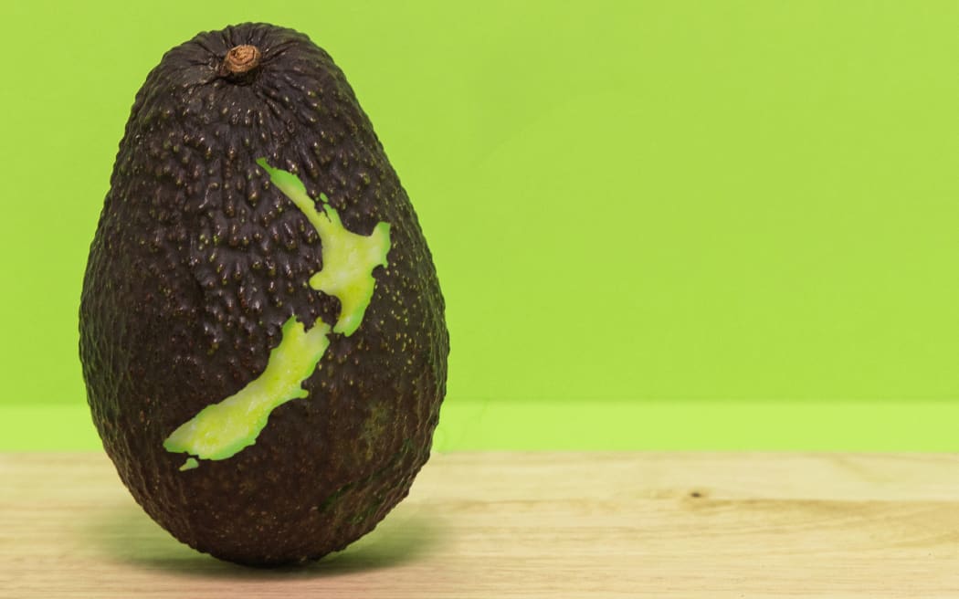 Composite of avocado with shape of NZ cut out.