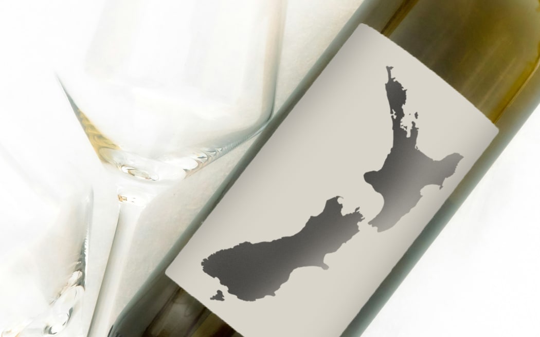 Composite of wine bottle with map of NZ on label.