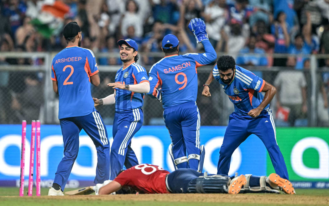 India's players celebrate after the dismissal of England's Jacob Bethell.