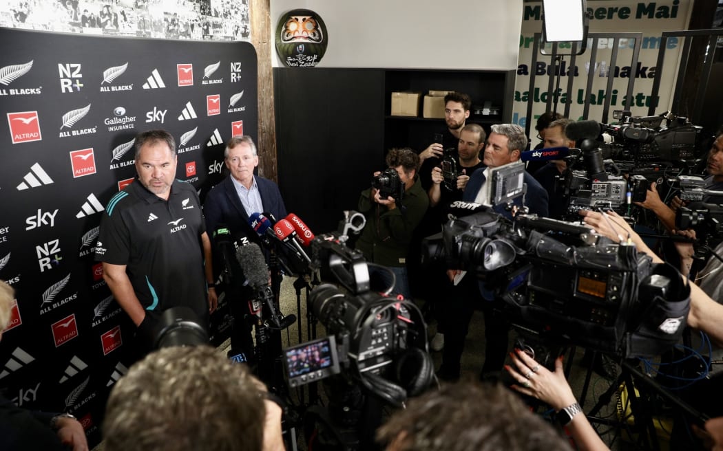 All Blacks head coach Dave Rennie and NZ Rugby chair David Kirk after Rennie was announced as new All Blacks head coach.