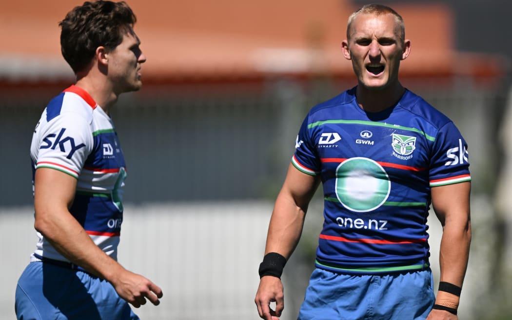 Luke Metcalf and Tanah Boyd. New Zealand Warriors NRL rugby league training and at Go Media Stadium.