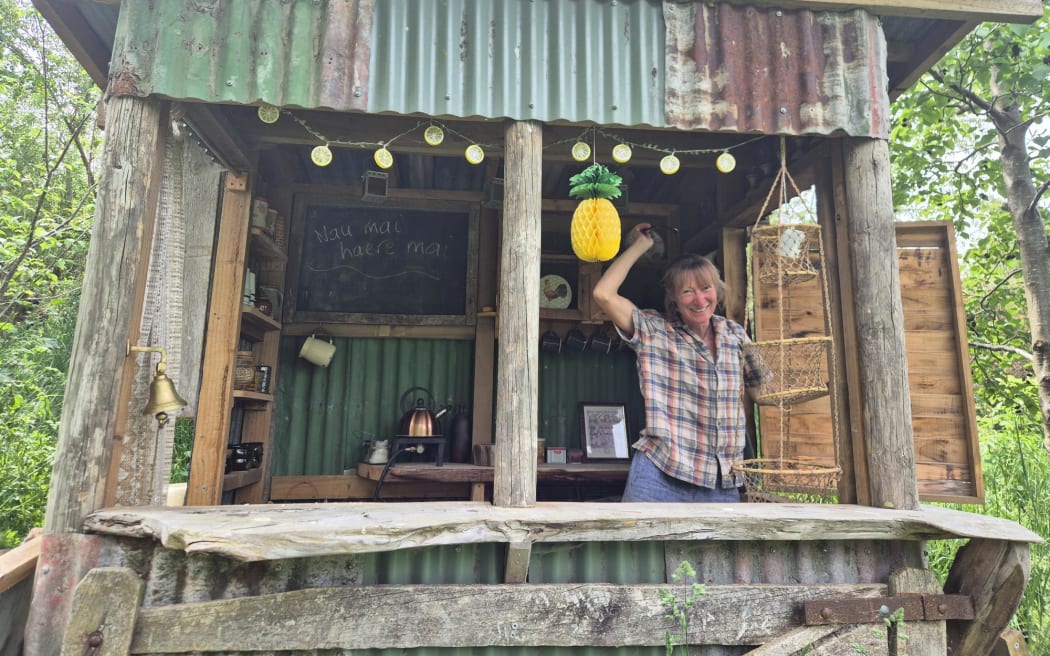 The food forest kitchen bar offers a place to enjoy the progress of the surrounding trees and plantings.