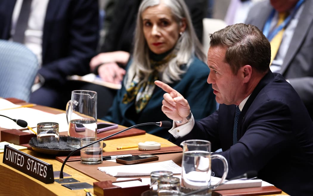 US National Security Advisor Mike Waltz addresses the Iranian delegation during a United Nations Security Council meeting on the situation in the Middle East at UN headquarters in New York on February 28, 2026. United Nations chief Antonio Guterres condemned