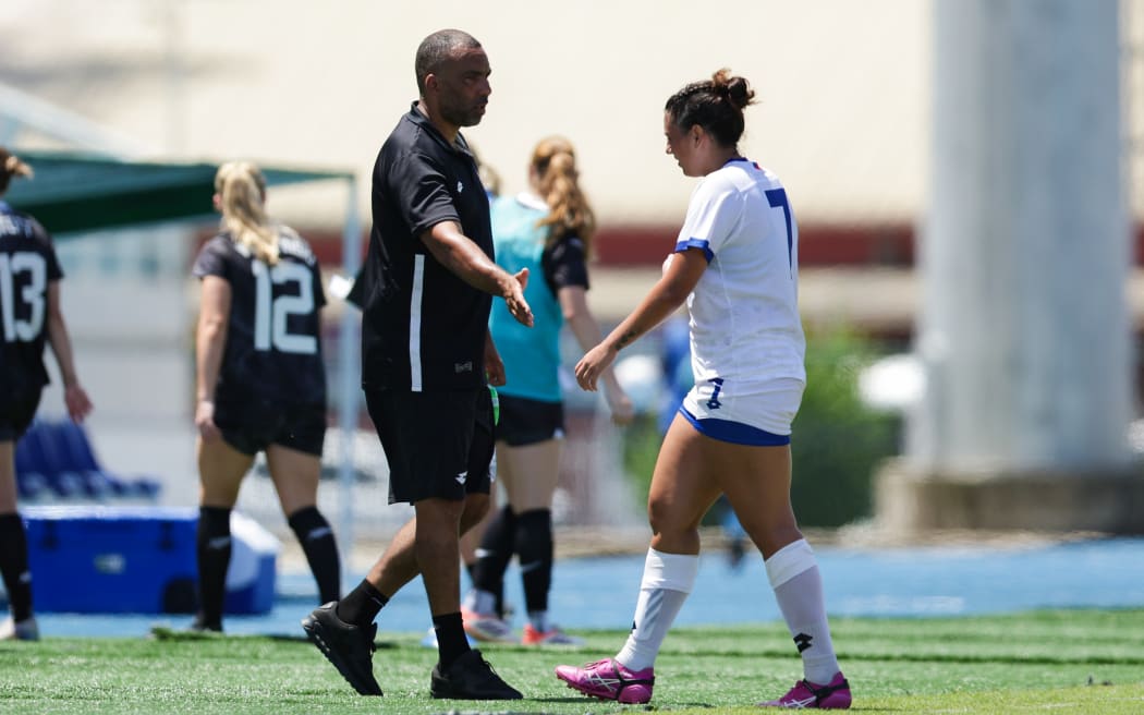Samoa's head coach Paul Ifill and Samoa's Arianna Skeers at halftime during FIFA Women's World Cup Qualifiers 2027 at National Stadium Honiara.