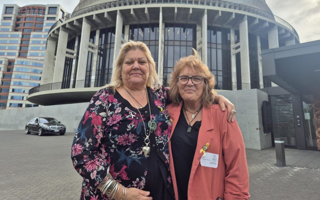 Sonya Rockhouse (left) and Anna Osborne outside Parliament after their meeting with Workplace Safety Minster Brooke van Velden.